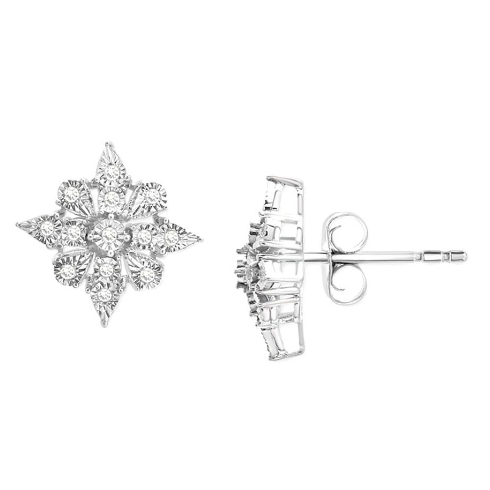 925 Sterling & Diamond Quatrefoil Cluster Shimmering Earrings 1/10 ct.tw - Picture 6 of 6